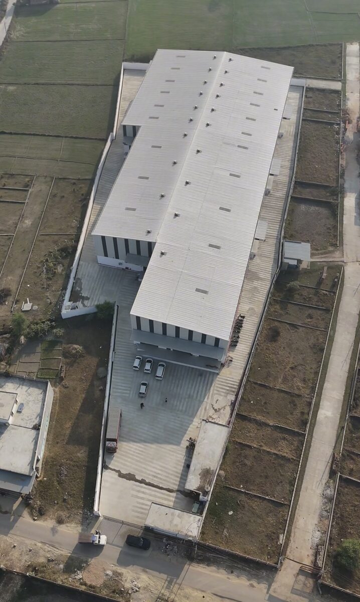 80,000 sq ft warehouse construction by Braj Builders in Bijnor, aerial view